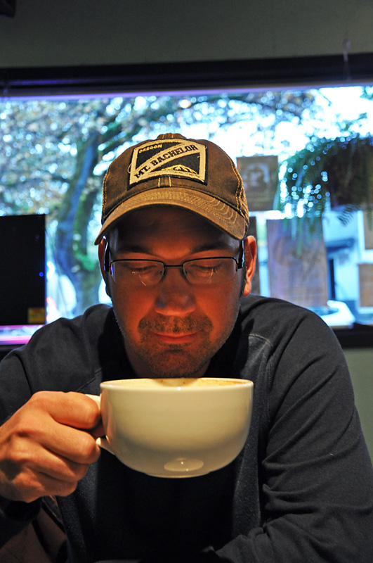 Enjoying a big cup of Chai at the Wandering Goat in Eugene.jpg