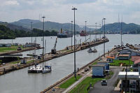Four small boats waiting to go through the locks.jpg